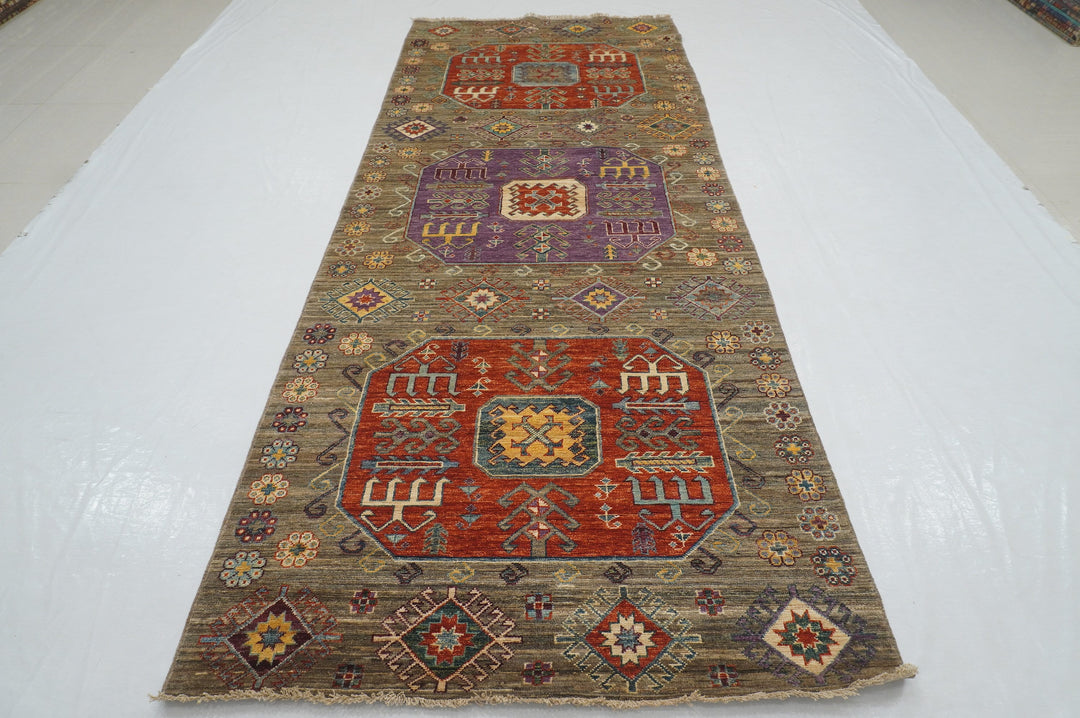 4 x 10 ft Gray Wide Kazak Tribal Afghan Hand knotted Runner Rug - Yildiz Rugs