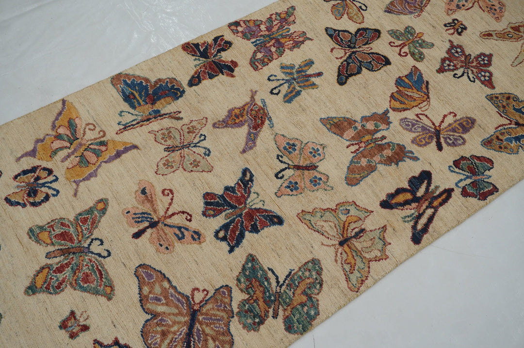 10 ft Beige Butterfly Afghan Hand knotted Runner Rug