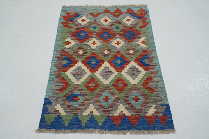 3x4 Green Blue Kilim Afghan Hand woven Flat weave Reversible Rug