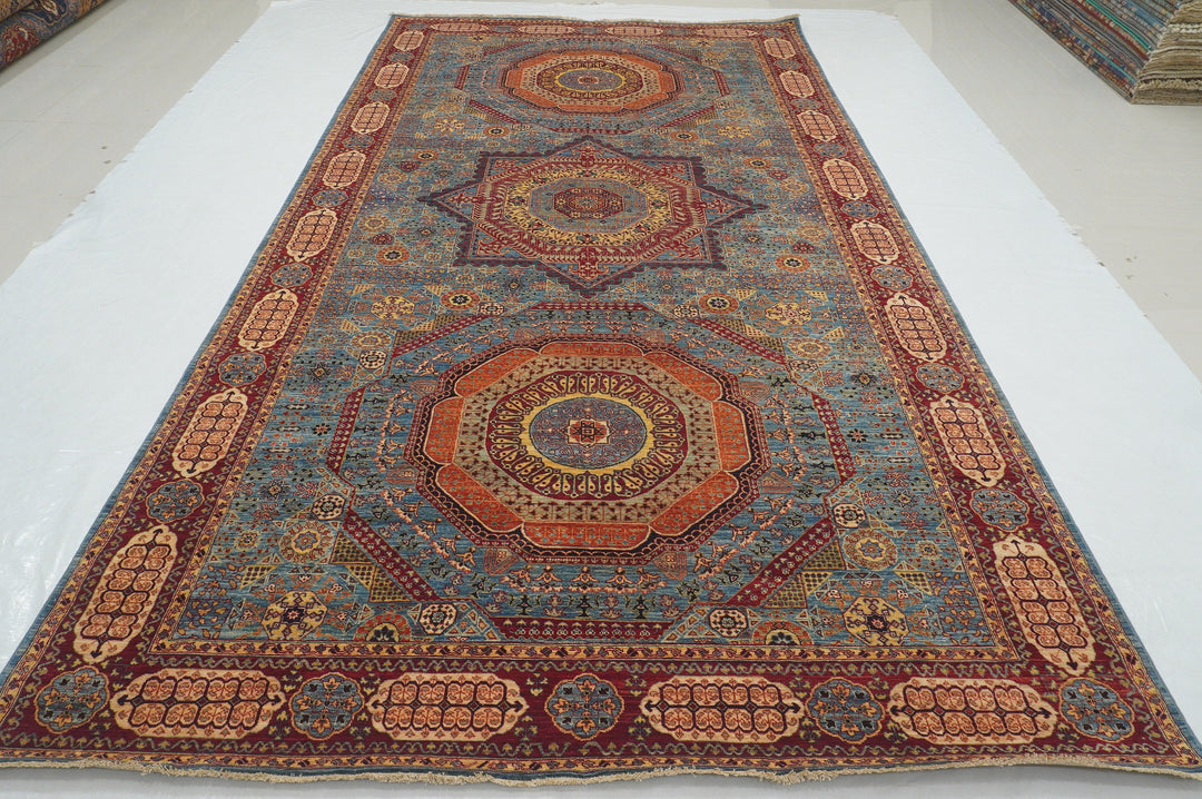 7x13 Blue Afghan Mamluk Hand Knotted Medallion Rug