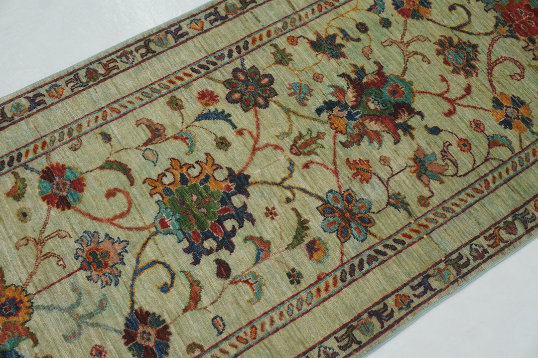 10 ft Green Waziri Afghan Hand knotted Runner Rug