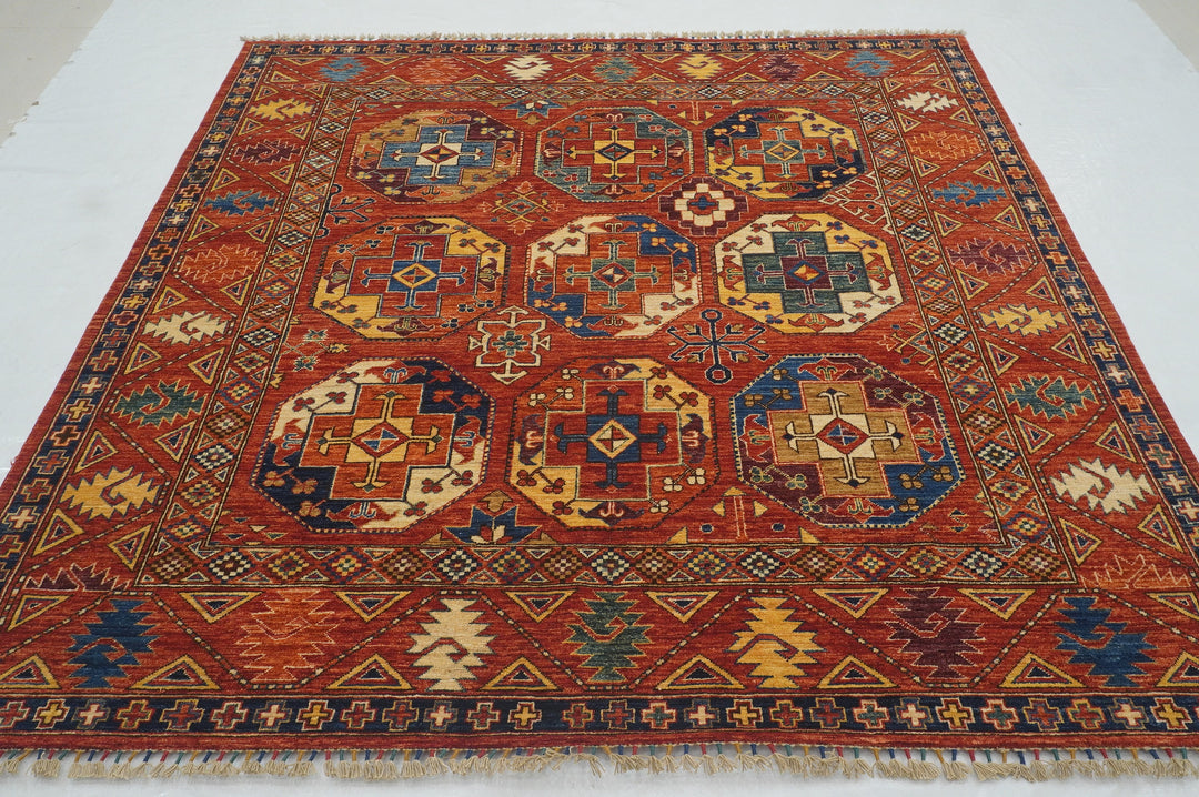 7x7 Red Ersari Square Tribal Tekke Afghan Hand knotted Rug