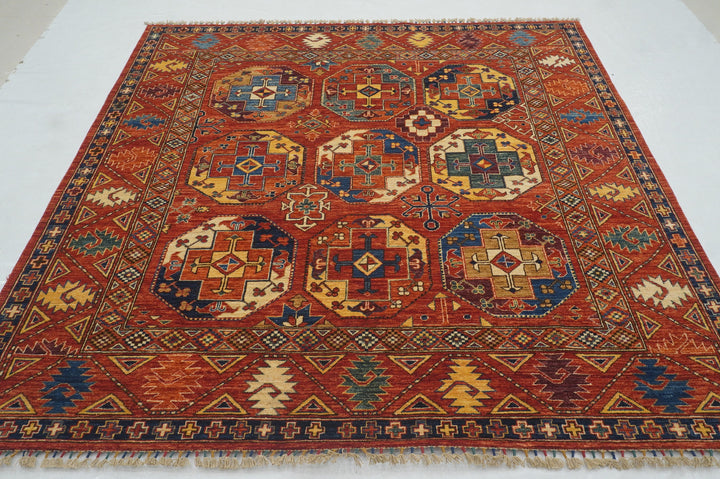 7x7 Red Ersari Square Tribal Tekke Afghan Hand knotted Rug