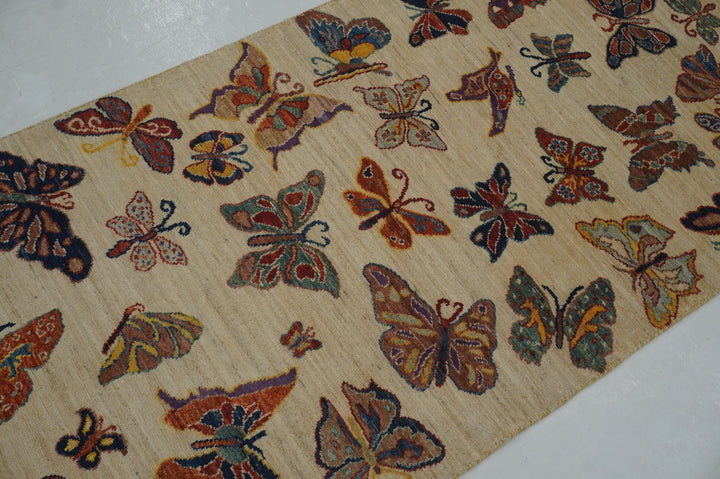 7 ft Beige Butterfly Afghan Hand knotted Runner Rug