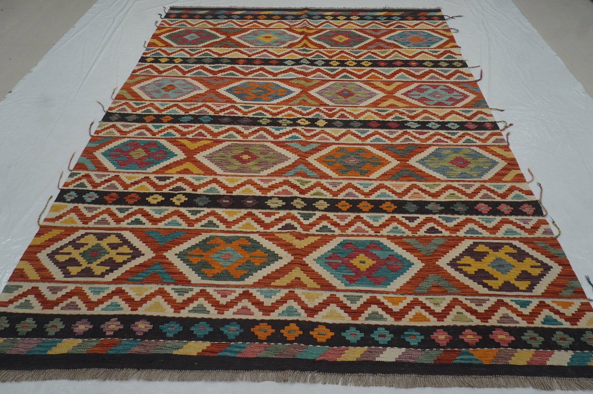 7x10 Rusty Red Kilim Afghan Hand Woven Geometric Rug