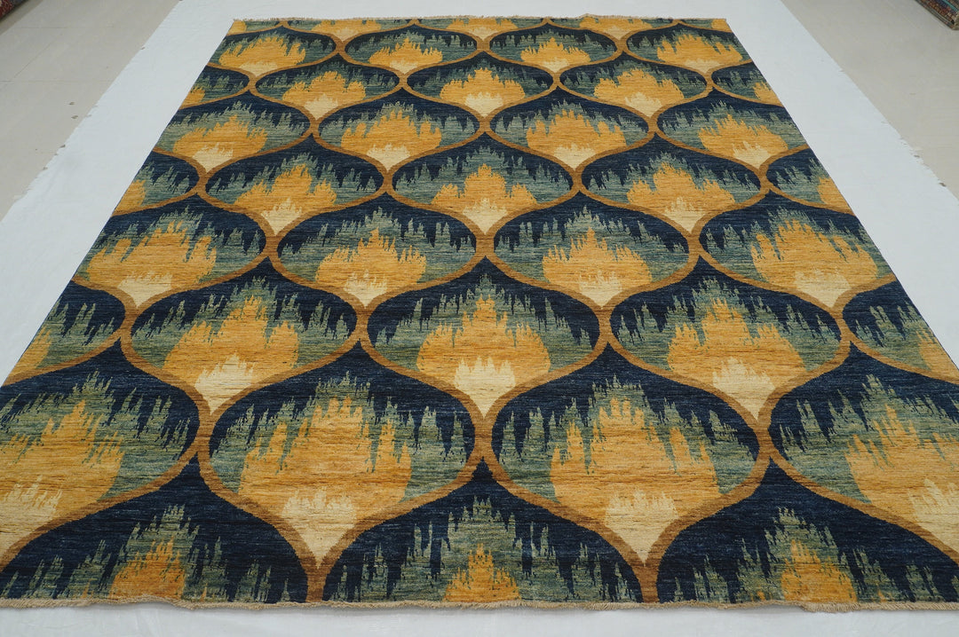 8x10 Green Blue Ikat Afghan Abstract Hand knotted Rug