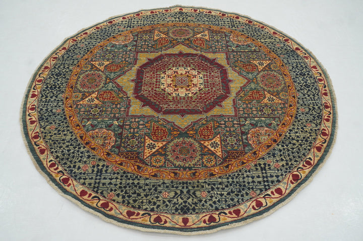 6x6 Green Round Mamluk Hand knotted Afghan Circle Medallion Rug