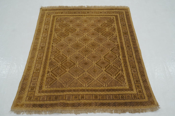 4x4 Brown Vintage Barjesta Afghan Hand Knotted Kilim Rug