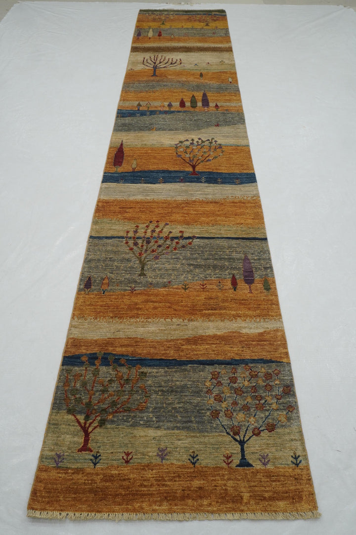 14 Ft Orange Gray Gabbeh Landscape Afghan Hand knotted Runner Rug