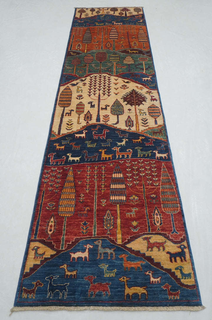 11 ft Blue Gabbeh Tree of Life Animal Landscape Afghan Runner Rug