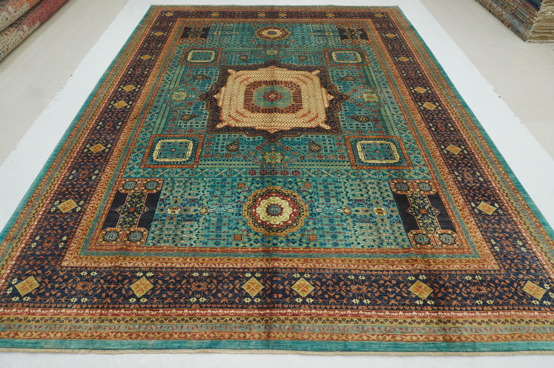 9x12 Turquoise Blue Mamluk Hand knotted Geometric Turkish Rug