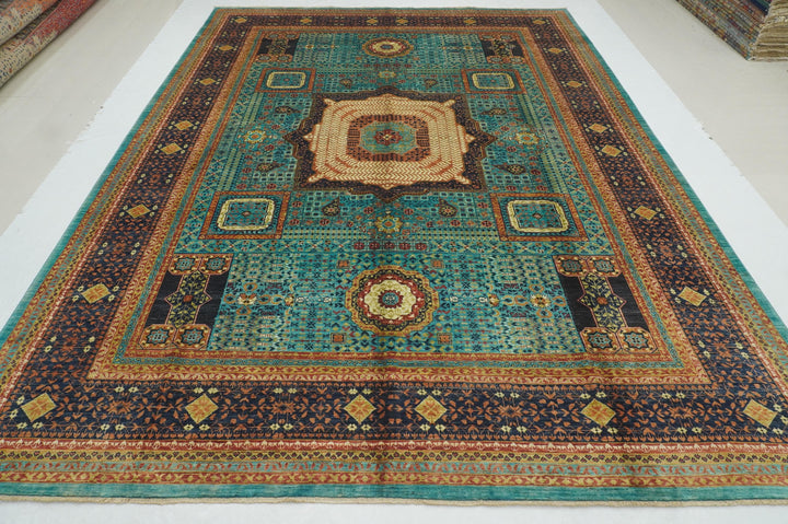 9x12 Turquoise Blue Mamluk Hand knotted Geometric Turkish Rug