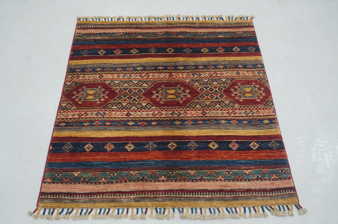 3'3x3'6 Tribal Multicolor Afghan Hand knotted Square Rug