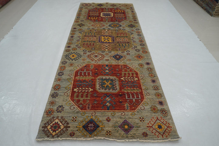 4x10 Gray Kazak Afghan Hand knotted Wide Runner Rug