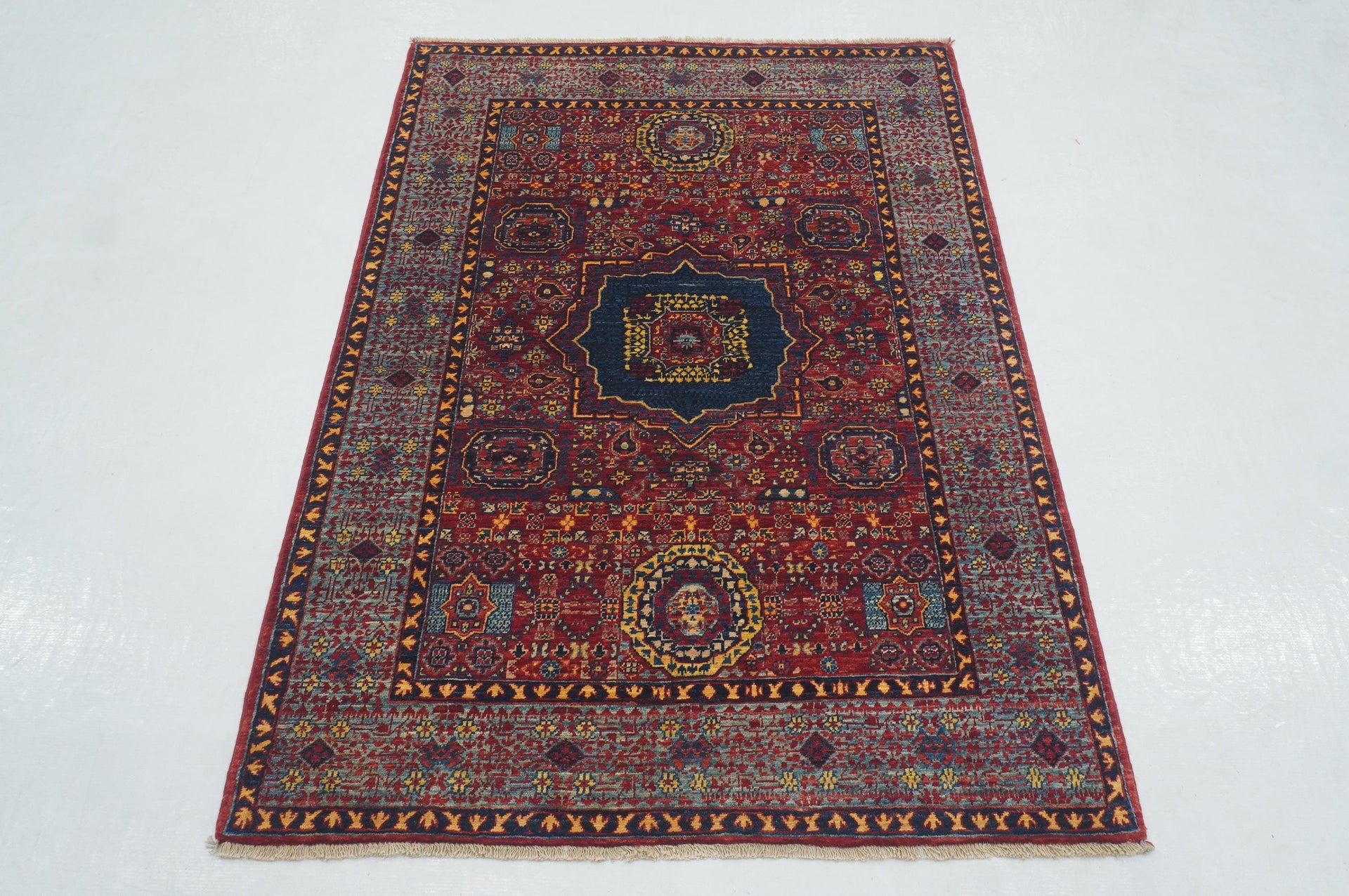 3x5 Red Mamluk Turkish Hand knotted Geometric Medallion Rug
