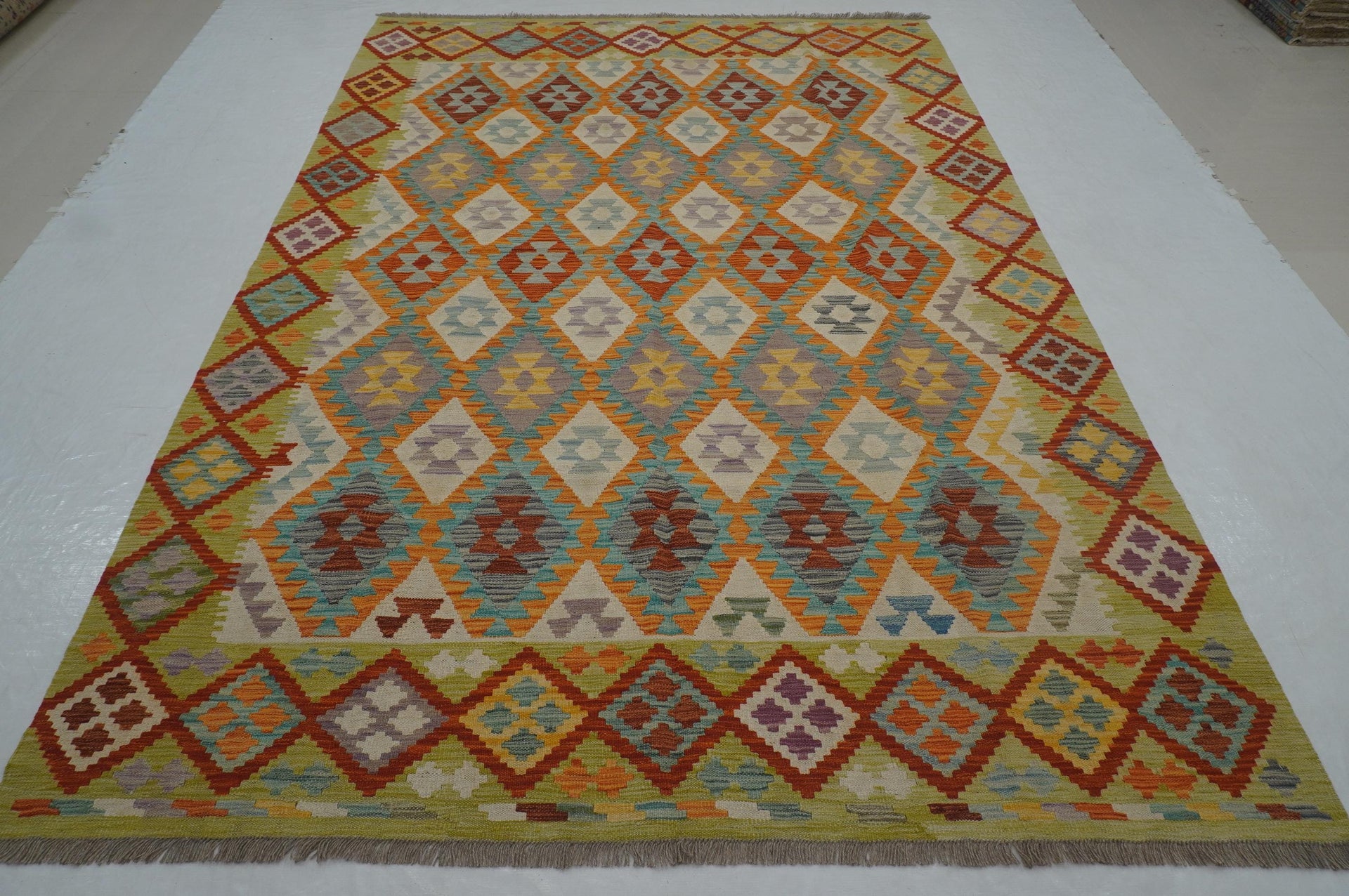 7x10 Beige Green Afghan Geometric Kilim Rug
