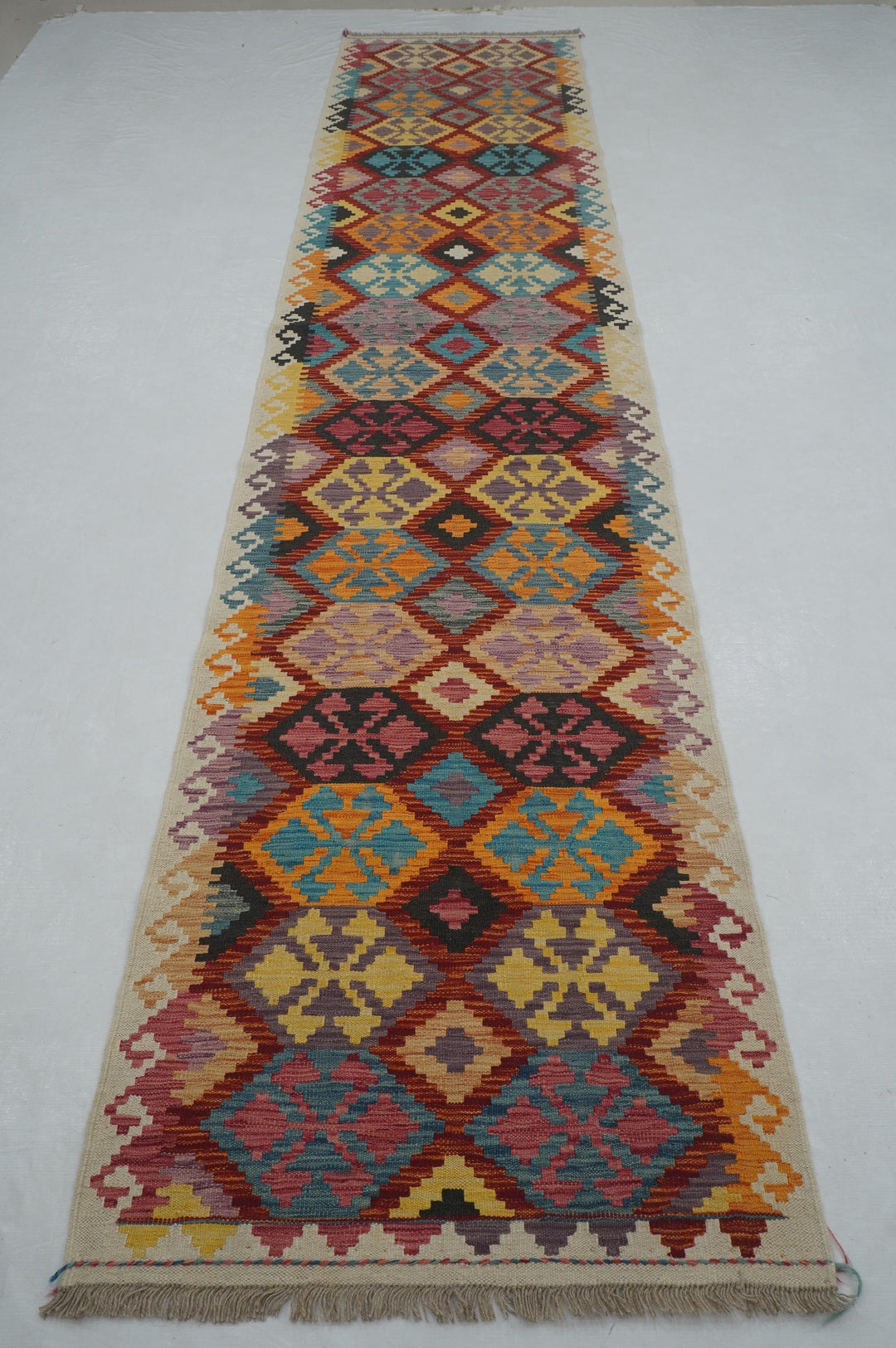 13 Ft Red Kilim Afghan Maimana Hand Woven Runner Rug