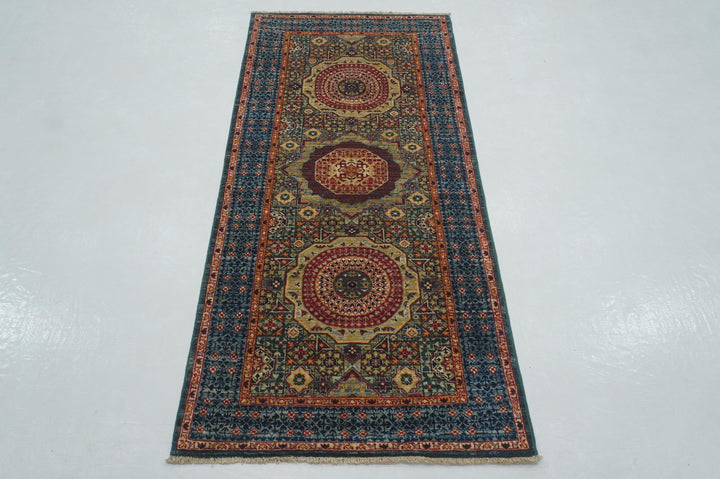 6 ft Green Mamluk Turkish Hand knotted Runner Rug