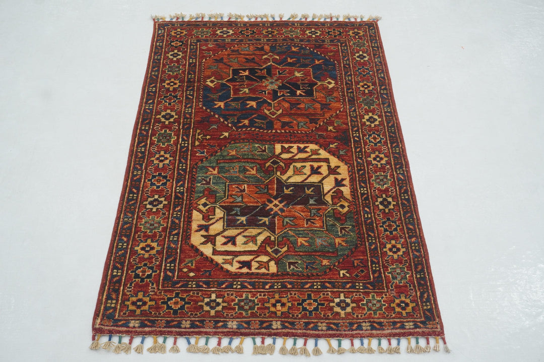 3x4 Red Ersari Afghan Hand knotted Oriental Rug