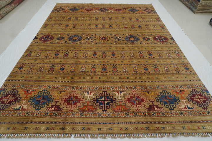 8x11 Brown Tribal Afghan Hand knotted Geometric Rug