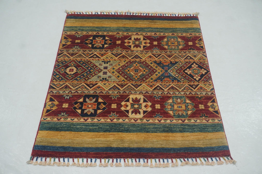 3x4 Red Tribal Afghan Hand Knotted Square Rug