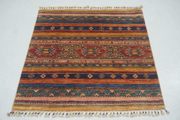 3x3 Red Tribal Afghan Hand knotted Square Rug