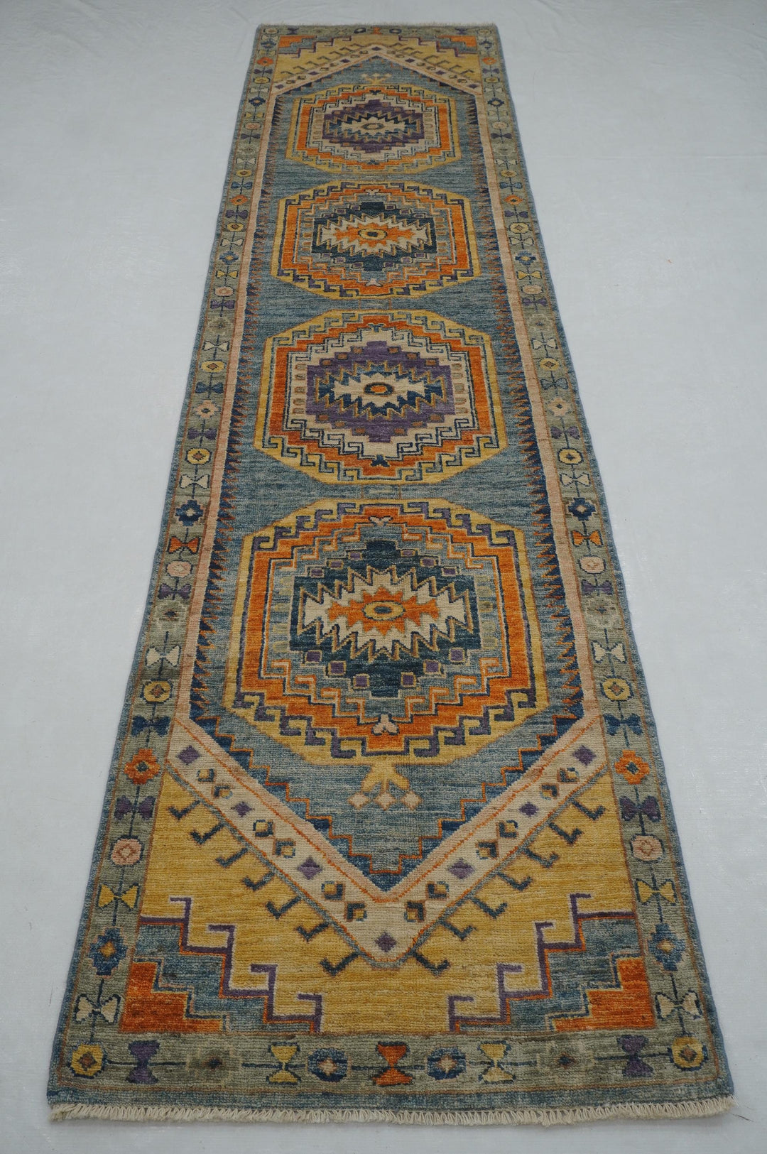 11 ft Muted Blue Oushak Hand knotted Turkish Runner Rug