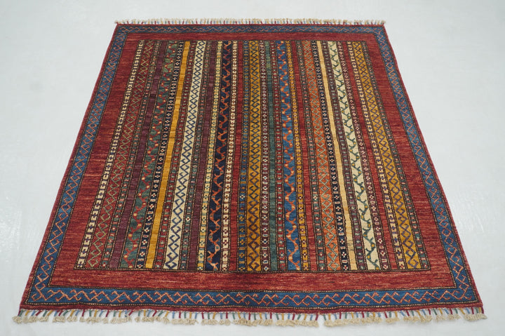 5x5 Red Turkish Shawl Hand knotted Square Rug