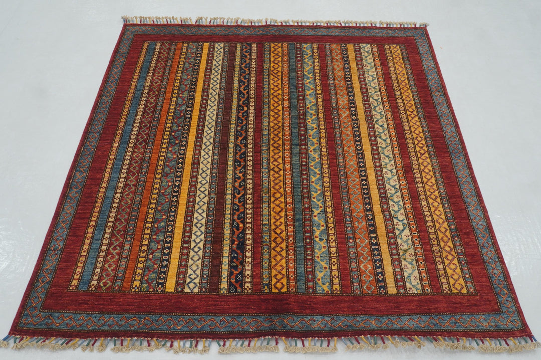 5x5 Red Turkish Shawl Hand knotted Square Rug