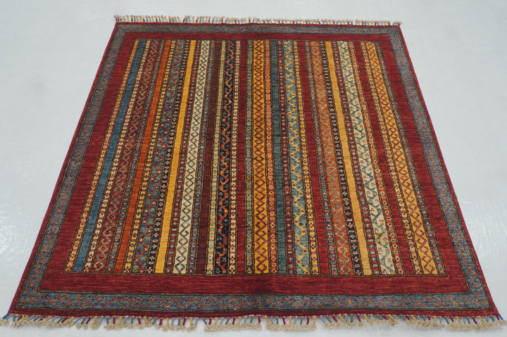 5x5 Red Turkish Shawl Hand knotted Square Rug