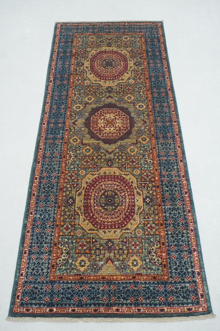 6 ft Green Mamluk Turkish Hand knotted Runner Rug