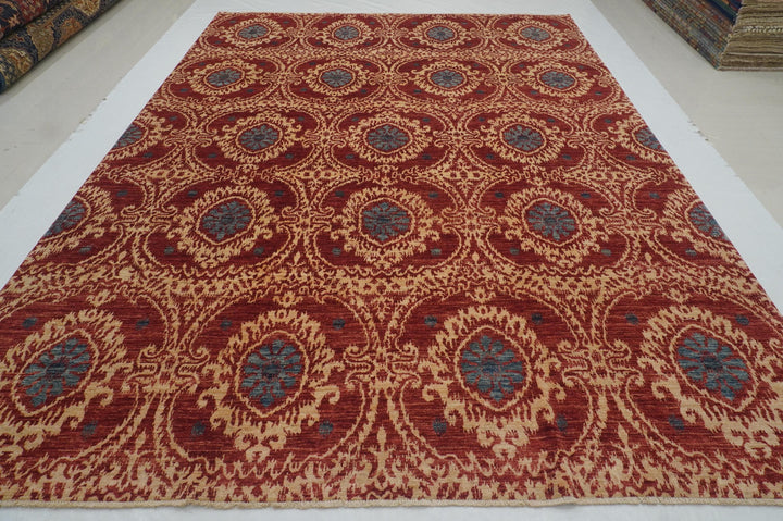 9x12 Red Ikat Afghan Hand knotted Geometric Rug