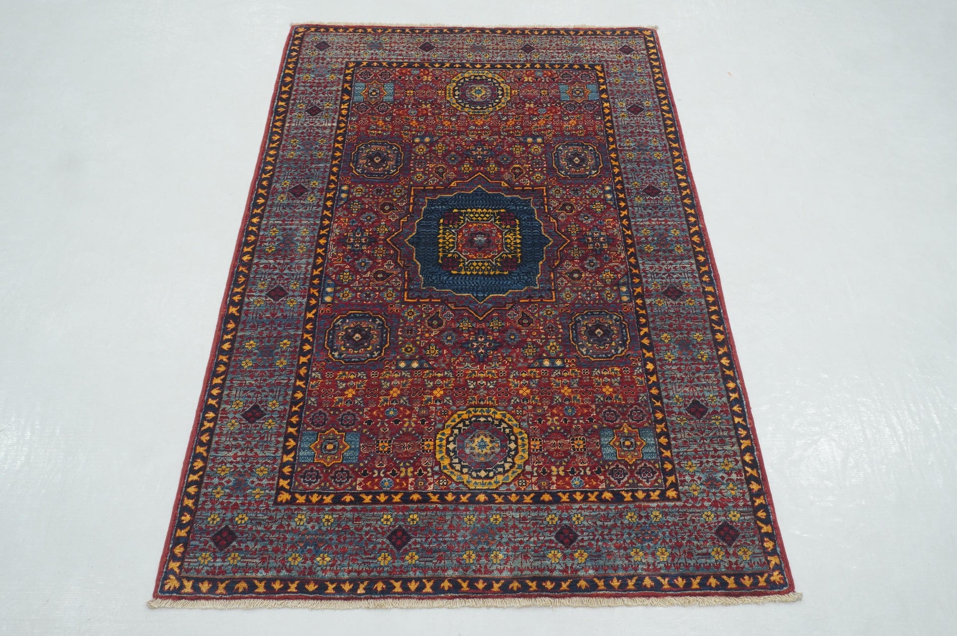 3x5 Red Mamluk Turkish Hand knotted Geometric Medallion Rug