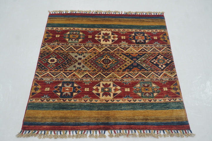 3x3 Red Tribal Afghan Handmade Square Rug