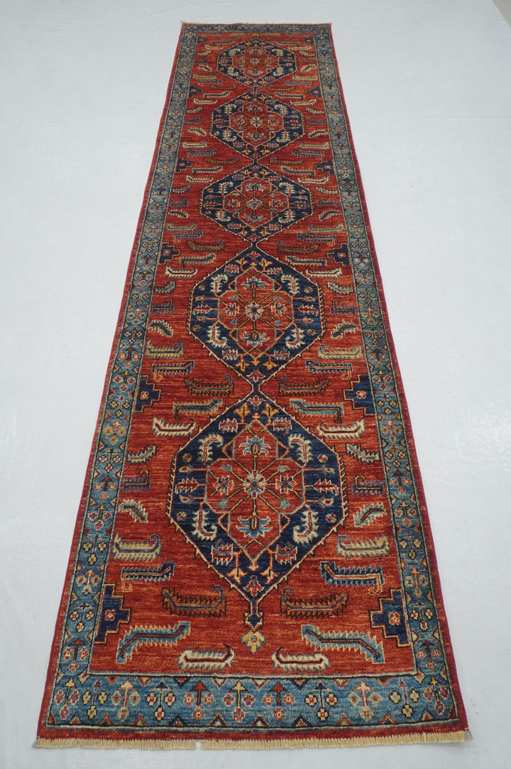 12 ft Red Heriz Traditional Afghan Hand knotted Geometric Runner Rug