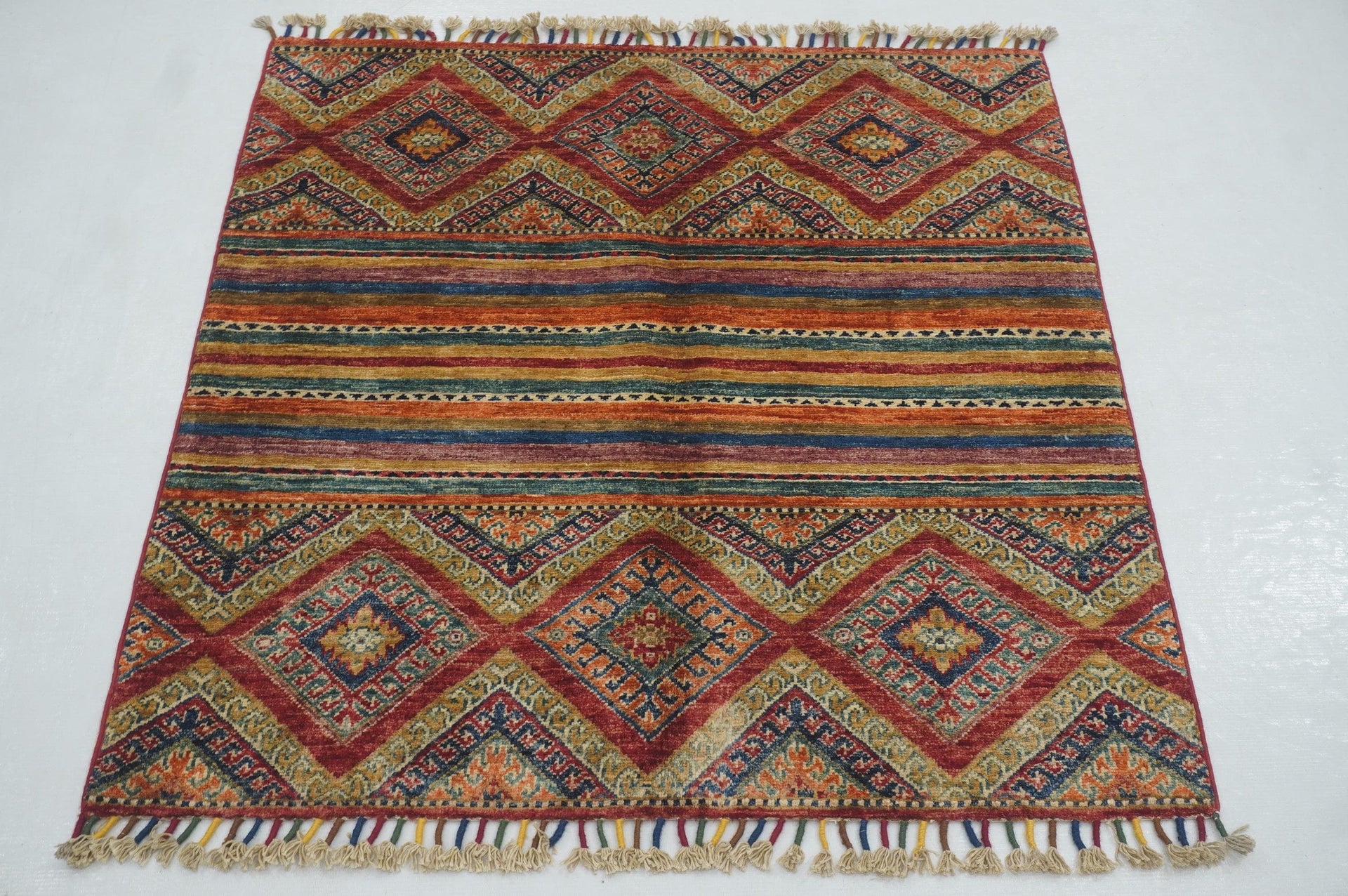 3x3 Red Tribal Square Afghan Hand knotted Rug