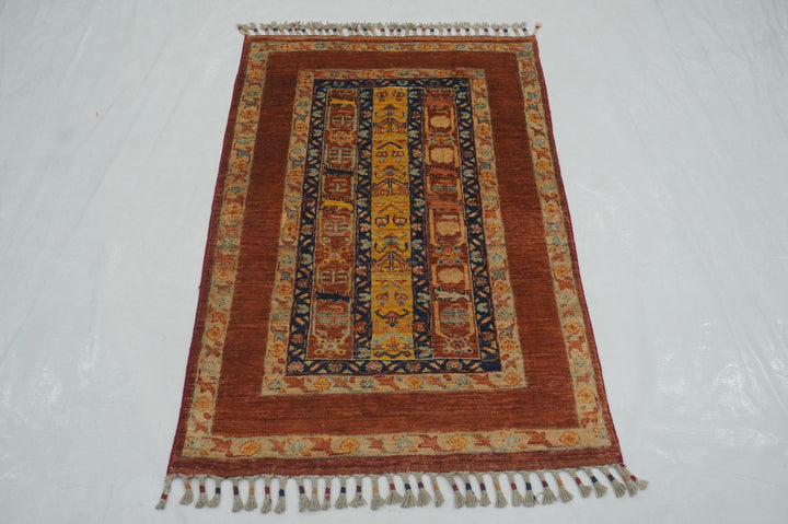 3x4 Red Blue Turkish Shawl Hand knotted Rug