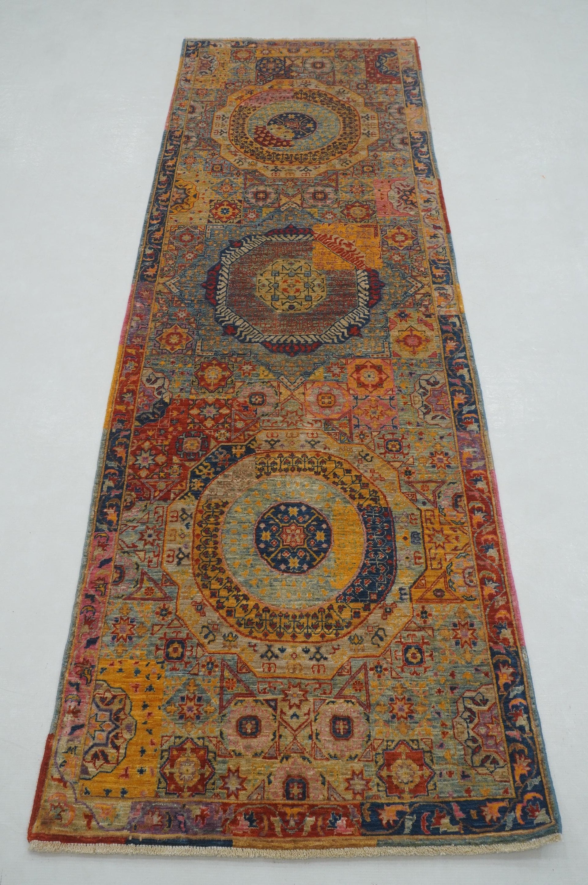 8 ft Blue Mamluk Turkish Hand knotted Medallion Runner Rug
