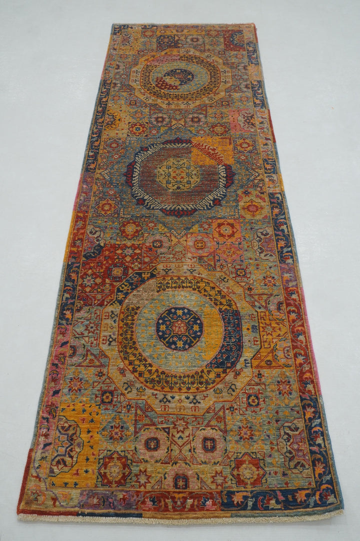 8 ft Blue Mamluk Turkish Hand knotted Medallion Runner Rug