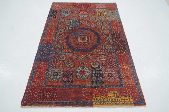 4x6 Red Mamluk Turkish Hand Knotted Geometric Medallion Rug