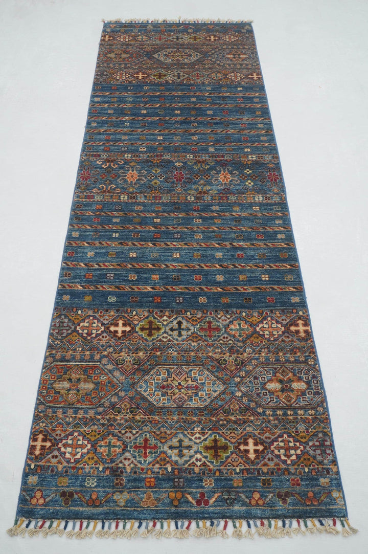 8 ft Blue Tribal  Afghan Hand knotted Runner Rug