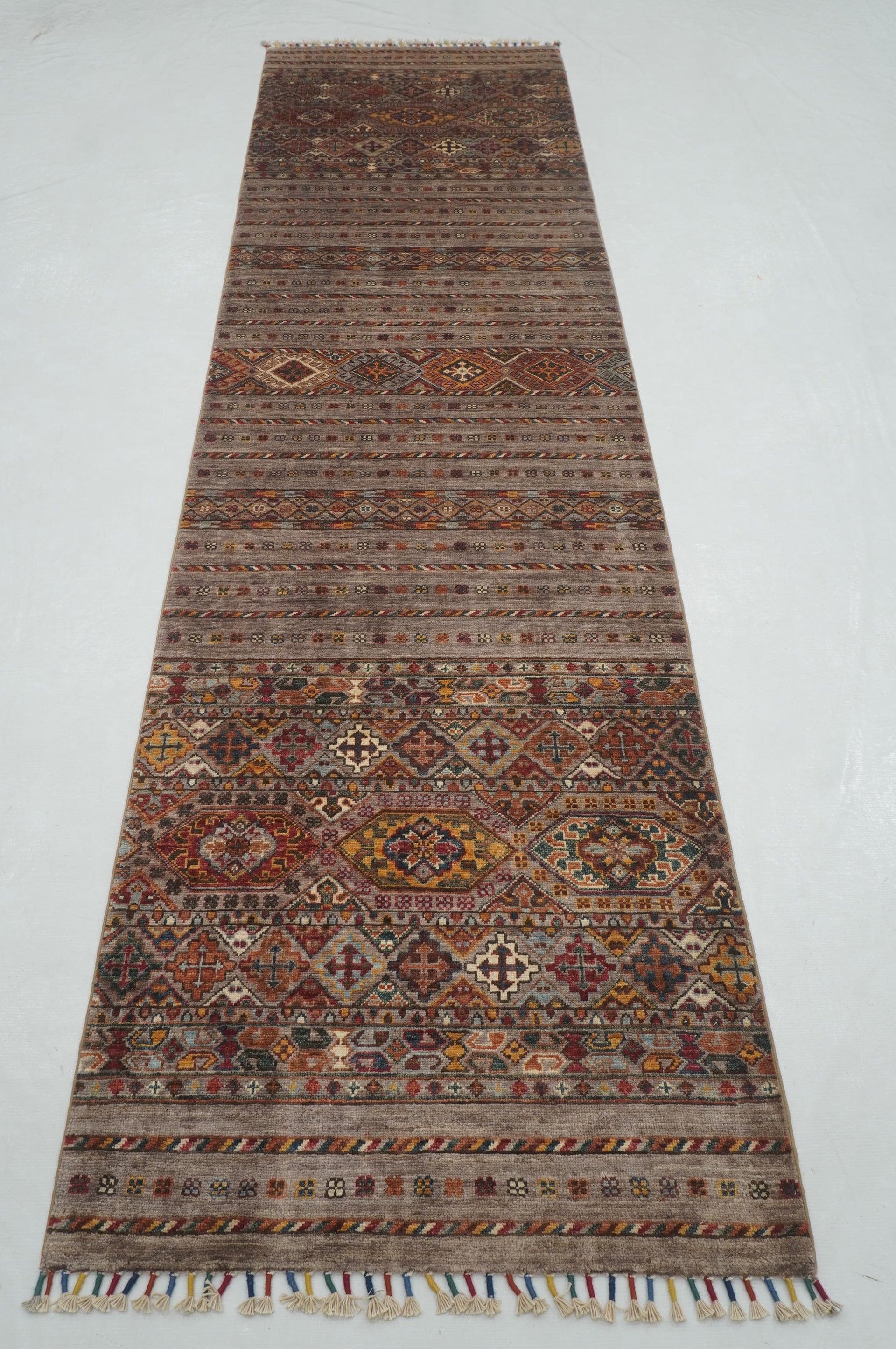 10 Ft Gray Tribal Afghan Hand knotted Runner Rug