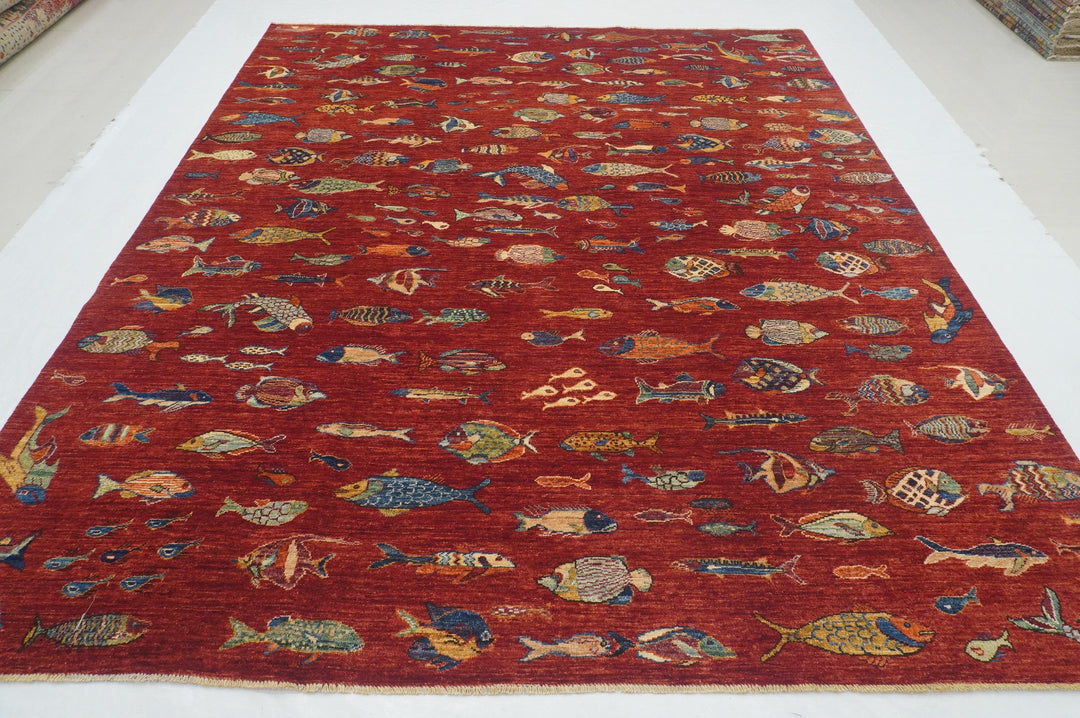 8x10 Red Fish Afghan Gabbeh Hand knotted Rug