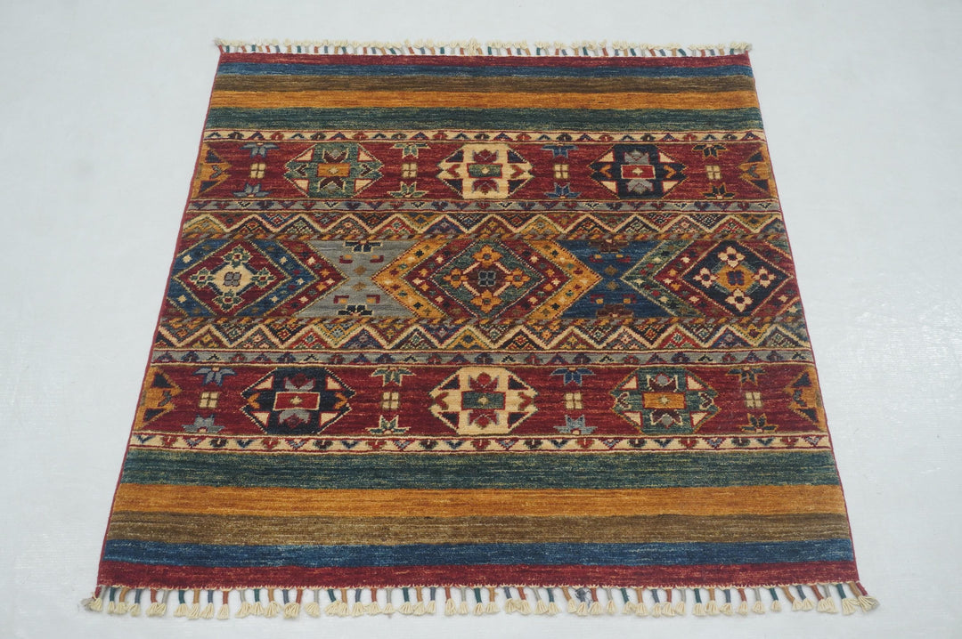 3x3 Red Tribal Afghan Handmade Square Rug