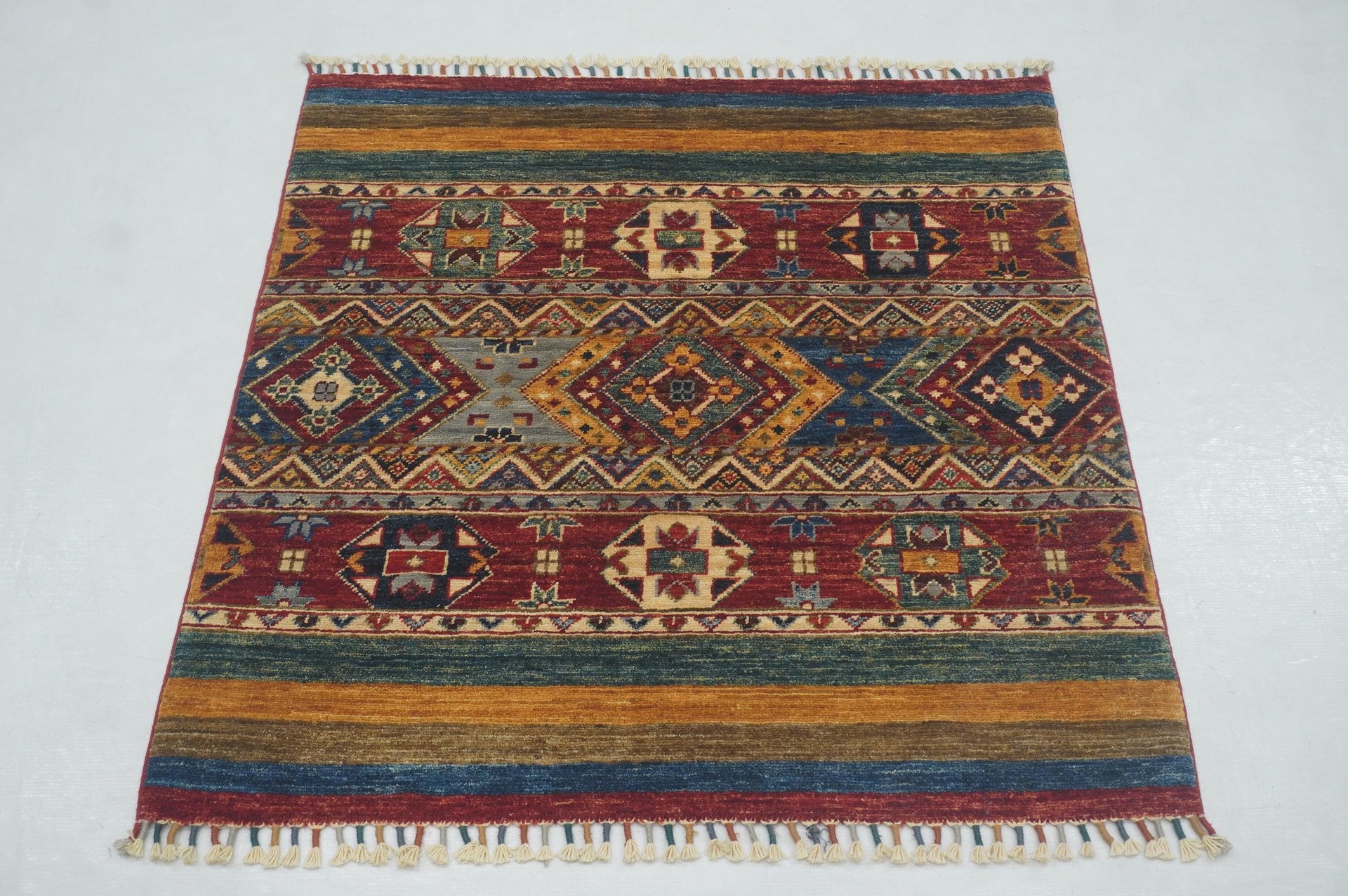 3x3 Red Tribal Afghan Handmade Square Rug