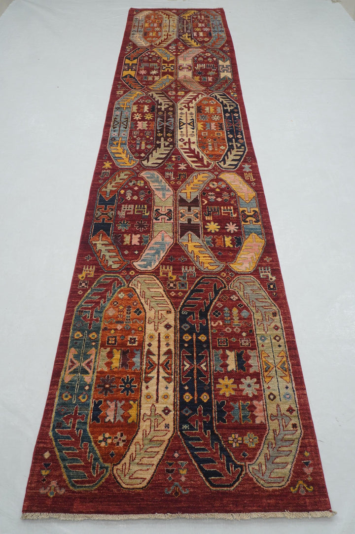 14 ft Red Baluch Afghan Hand knotted Runner Rug