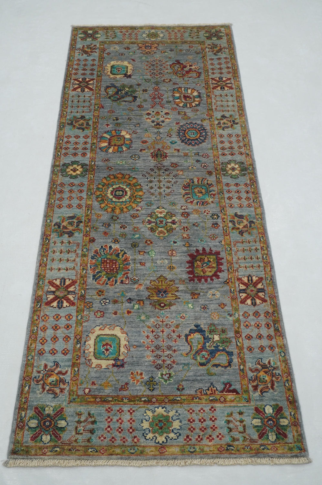 7 ft Gray Waziri Afghan Hand knotted Runner Rug