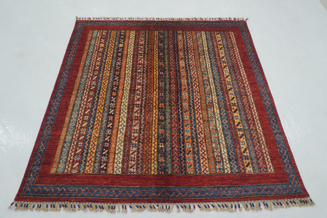 5x5 Red Turkish Shawl Hand knotted Square Rug