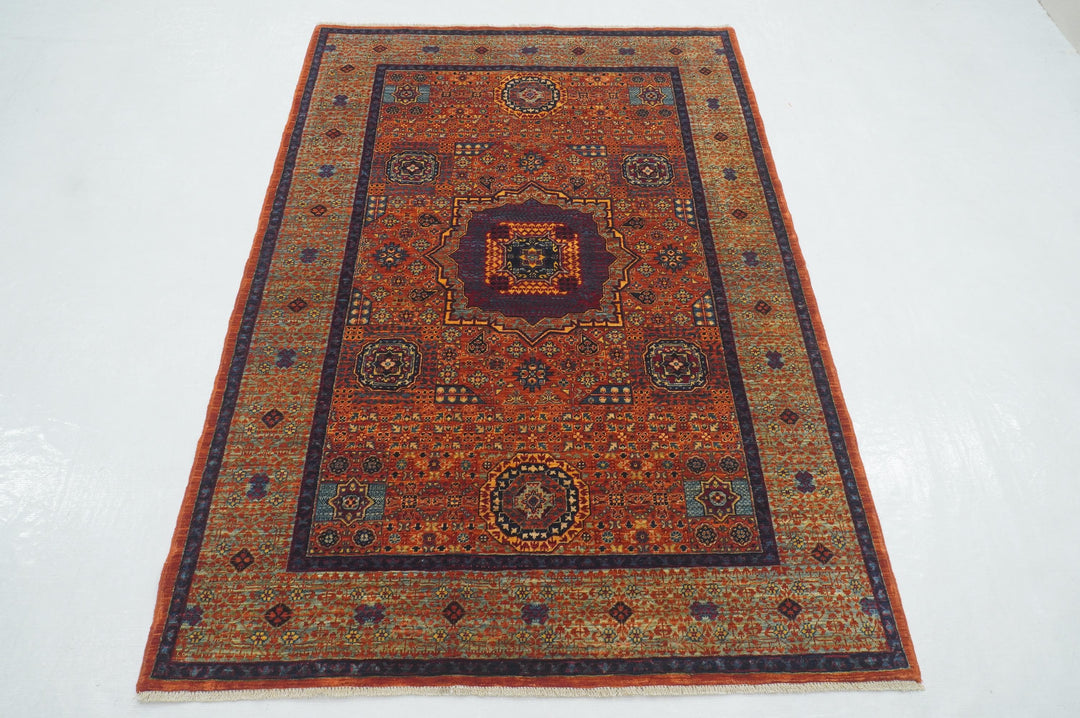 4x6 Orange Mamluk Turkish Hand Knotted Medallion Rug