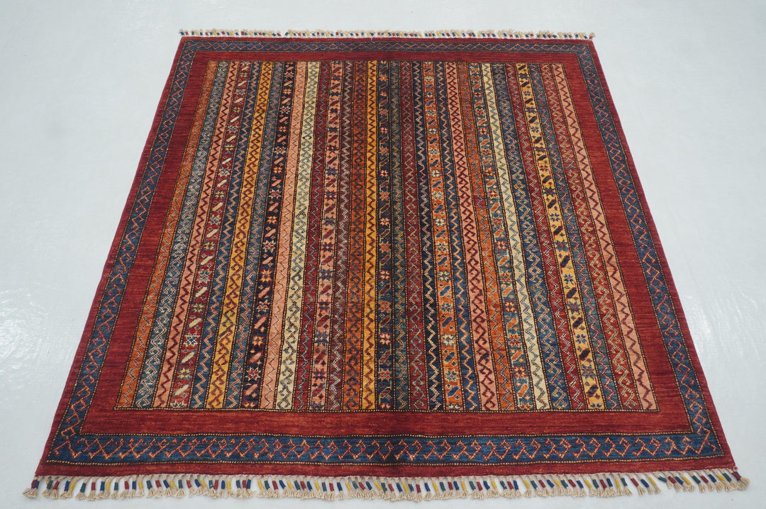 5x5 Red Turkish Square Shawl Hand knotted Rug